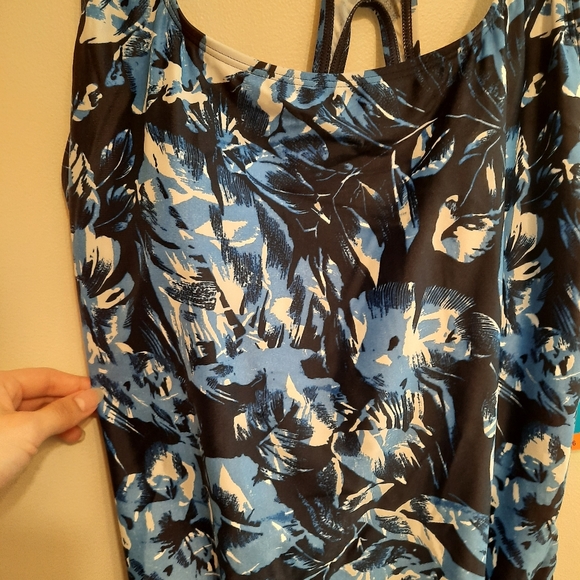 Speedo Blue White and Navy Palm Leaf Print Swimsuit One Piece - Picture 4 of 16